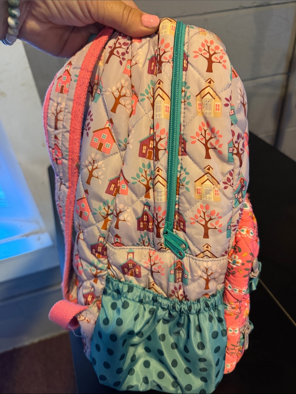 Matilda Jane Coral Pink Floral Quilted Kids Backpack with Teal Accents - Picture 6 of 11